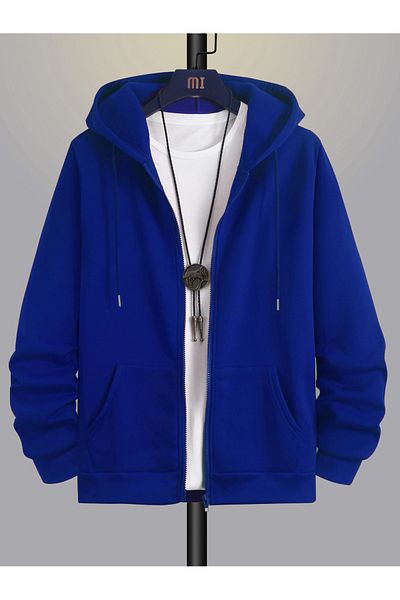 modaberry Cardigan gros Travis Scott - Cardigan supradimensionat de iarnă cu glugă și buzunare cu fermoar cu imprimeu albastru sax