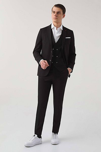 Twn Black Slim Fit Viscose Mono Neck Suit - Dobby Vest