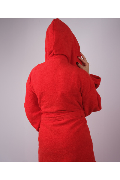 DC Teks Kırmızı Renkli %100 Pamuk Bukle Kapüşonlu Model Bornoz  S-M-L-XL-2XL-3XL-4XL Büyük Beden