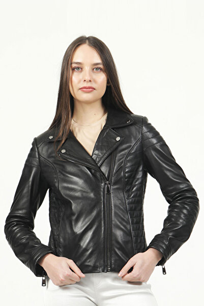 Dericlub Yb2164 Gerçek Deri Kadın Mont Siyah