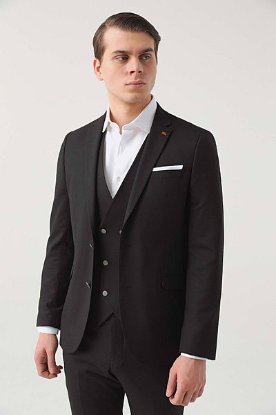 Twn Black Slim Fit Viscose Mono Neck Suit - Dobby Vest