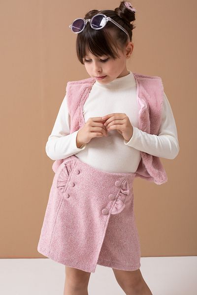 Cansın Mini Pink Plush Vest with Badi Girl's Shorts and Skirt Set 19557