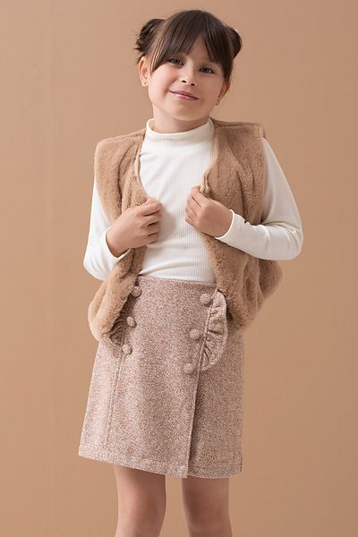 Cansın Mini Cream Plush Vest with Badi Girl's Shorts and Skirt Set 19555