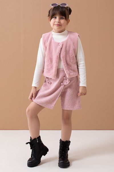 Cansın Mini Pink Plush Vest with Badi Girl's Shorts and Skirt Set 19557