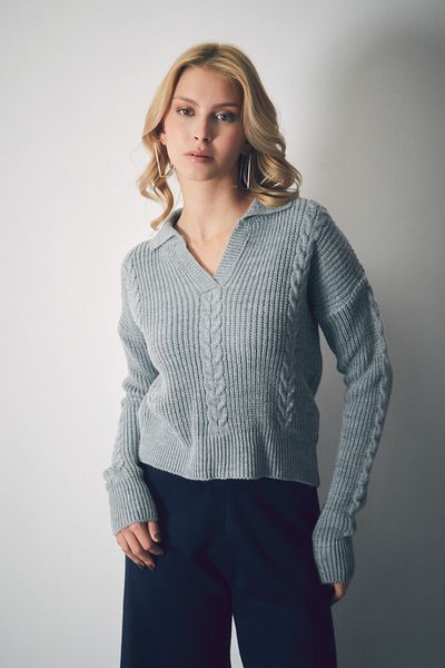 Fulla Moda Pletený svetr s pleteným výstřihem do V