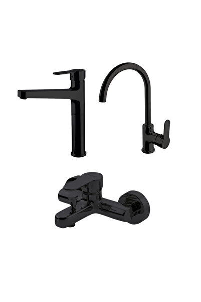 Newarc Domino Siyah Banyo,Evye,Çanak Lavabo Bataryası Set 971511B-971001B