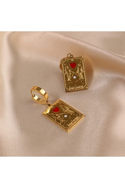 FOURSOLOS Gold Colored Steel Women's Earrings - Figured, Rectangular Detail, Dangle Ring No:51