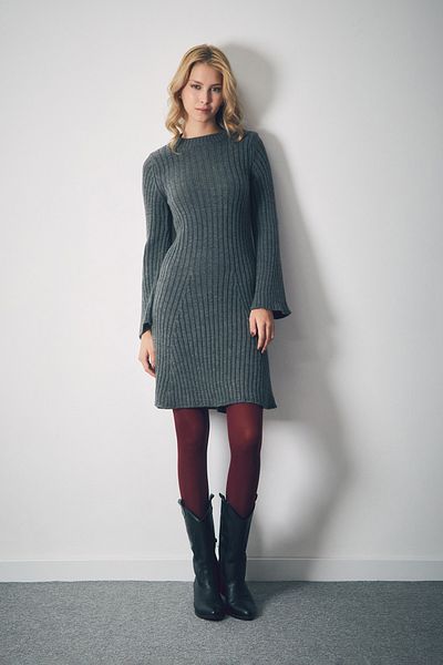 Fulla Moda Πλεκτό φόρεμα με ριμπ μανίκια με λαιμόκοψη