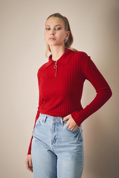 Fulla Moda Ribbed Half Zipper Shirt Collar Knitwear Sweater