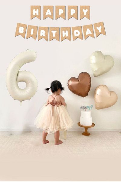 Atölye Mi 6 Year Old Happy Birthday Retro Balloon Set - Cream, with Kraft Banner and 3 Heart Balloons