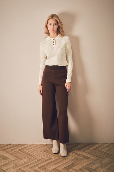 Fulla Moda Ribbed Half Buttoned Shirt Collar Knitwear Sweater