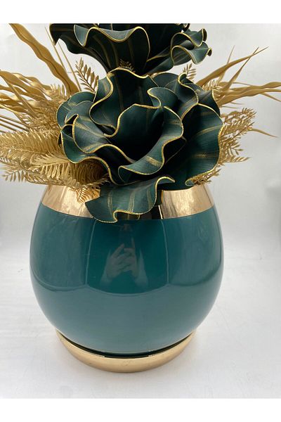 HELVACIOĞLU AKSESUAR Luxury Metal Chubby Vase Green Gold 22 cm