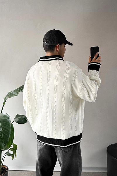 Flaw Wear Human Embroidered Ecru Polo Neck Sweater