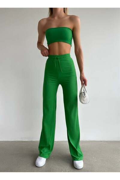 mydukkan.co بدلة رياضية بالازو مضلعة باللون الأخضر العشبي