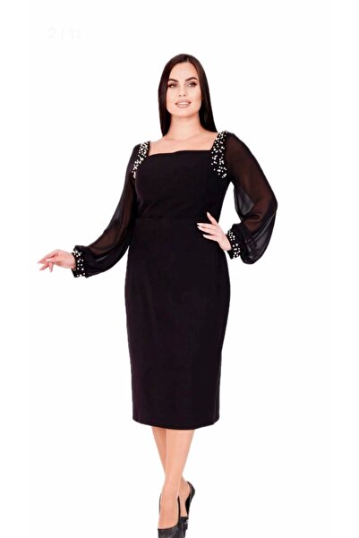 Selence Black Midi Evening Dress - Pearl Embroidered and Detailed