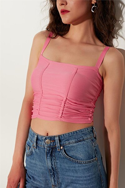 SHERIN Pink Square Neck Gathered Knitwear Undershirt