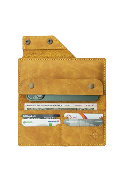 Genel Markalar Isminizin Baş Harflerine Özel Kadın Deri Çıtçıtlı Uzun Hardal Sarısı Cüzdan