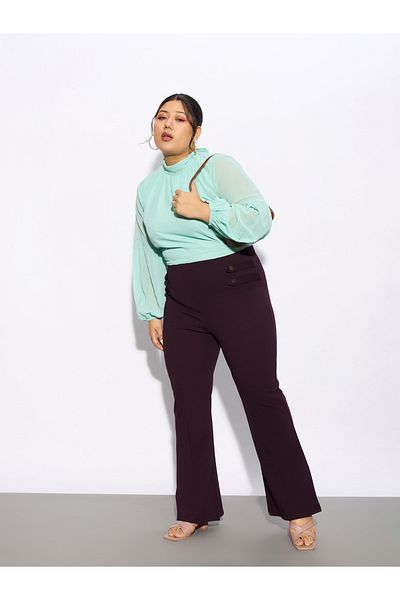 Sassafras By Styli Plus Solid Bell Bottom Trouser with Button Detail