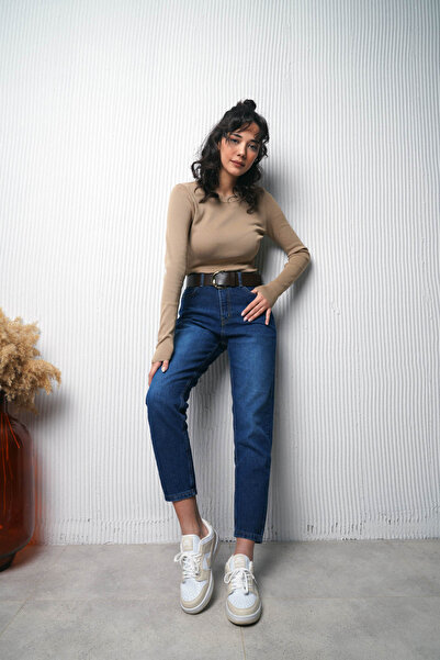 SeninOlsun Koyu Mavi Yüksek Bel Mom Jean