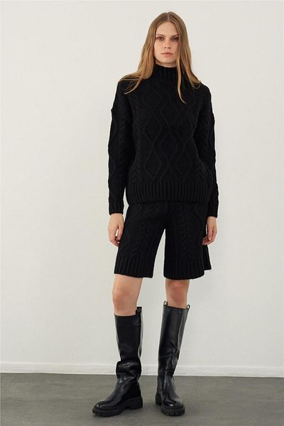 SHERIN Black Soft Textured Sweater Shorts Knitwear Set