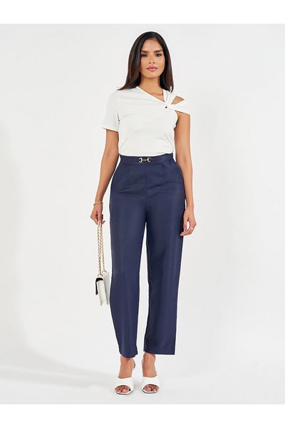 Styli High Rise Straight Leg Pants with Metal Accent
