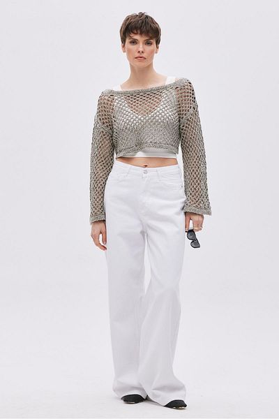 SHERIN Khaki Boat Neck Perforated Knitwear Blouse