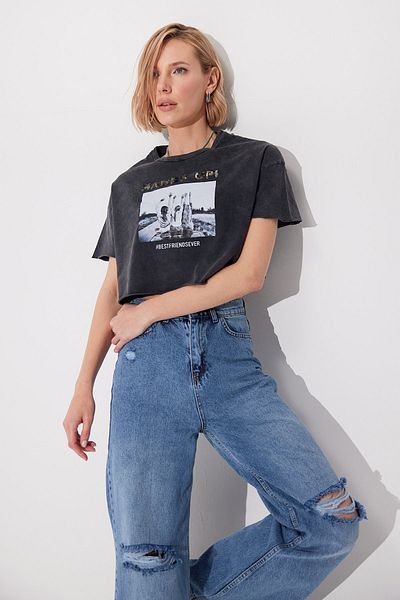 SHERIN Tricou oversize imprimat - antracit, spalat cu acid