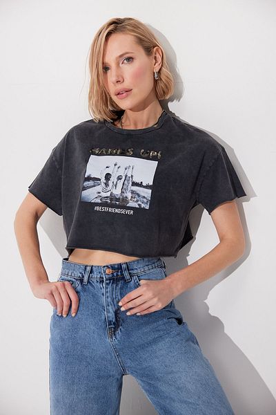 SHERIN Tricou oversize imprimat - antracit, spalat cu acid