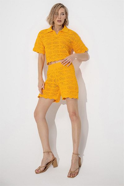 SHERIN Yellow Polo Neck Sweater Shorts Knitwear Set