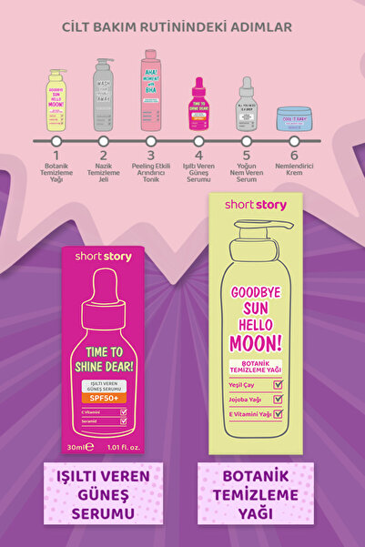 short story 4'lü Süper Set Cilt Temizleme Yağı & Tonik & Işıltı veren SPF50+ serum & Nemlendirici Krem