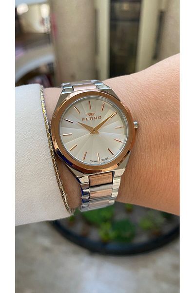 FERRO Quartz Steel Rose/Gray 34 mm Women's Wristwatch (with Bracelet Gift)