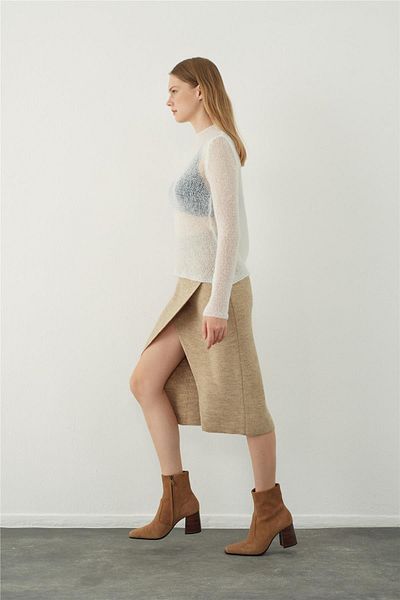 SHERIN Μίντι πλεκτή φούστα Camel Asymmetric Slit
