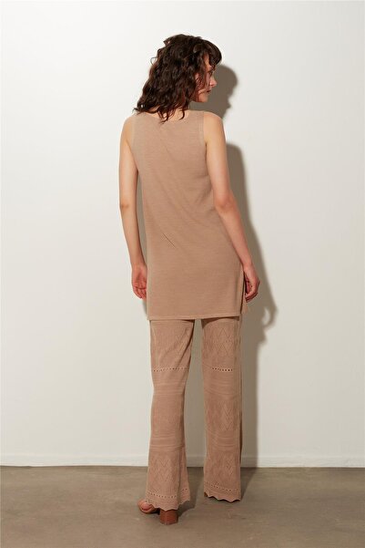 SHERIN Beige Knitted Patterned Knitwear Tunic Trousers Set