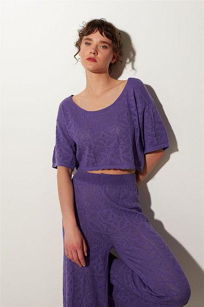 SHERIN Purple Sweater Trousers Patterned Knitwear Set