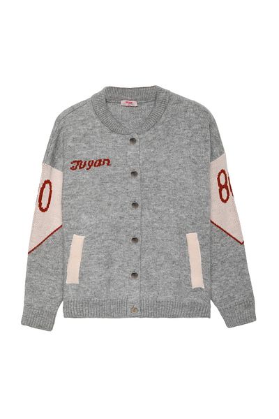 Quzu Gray Knitwear Cardigan - Colorful and Patterned Back with Buttons