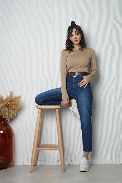 SeninOlsun Koyu Mavi Yüksek Bel Mom Jean