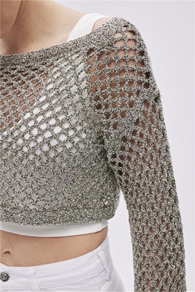 SHERIN Khaki Boat Neck Perforated Knitwear Blouse