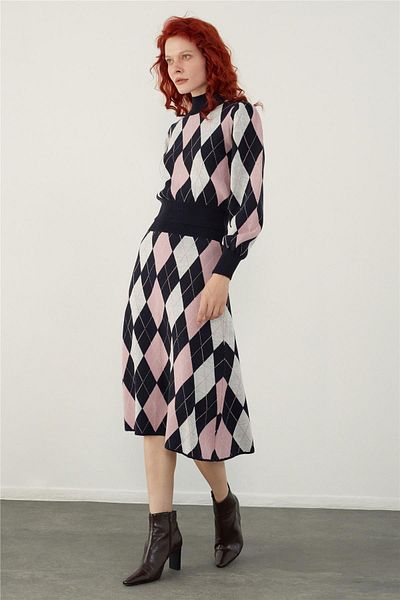 SHERIN Navy Blue Diamond Patterned Sweater Skirt Knitwear Set