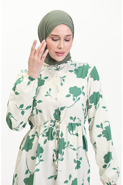 sefamerve Front Buttoned Lace up Patterned Dress 0516-02 Beige Emerald Green