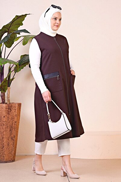 Ferace Women's Long Sleeveless Zippered Vest with Leather Pockets Ottoman Bitter Brown