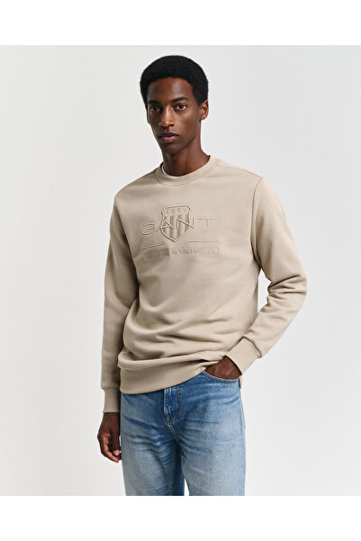 Gant Erkek Bej Regular Fit Bisiklet Yaka Logolu Sweatshirt