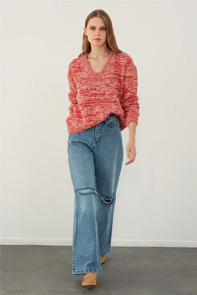 SHERIN Red Melted Textured V-Neck Basic Knitwear Sweater