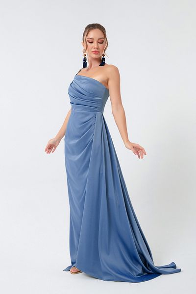 Lafaba Rochie de seară din satin indigo cu un singur umăr și rochie de absolvire