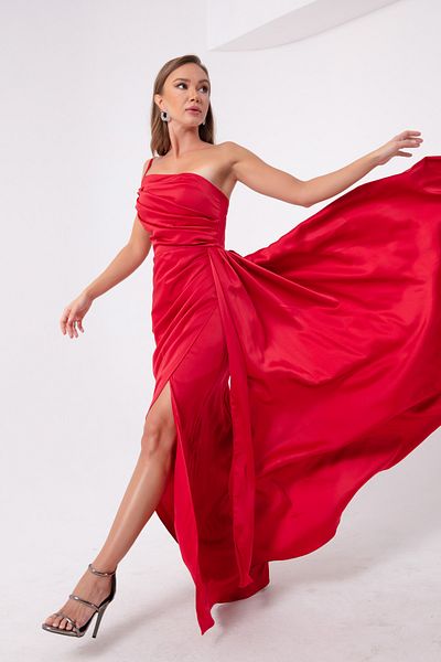 Lafaba Rotes One-Shoulder-Abendkleid und Abschlusskleid aus Satin für Damen