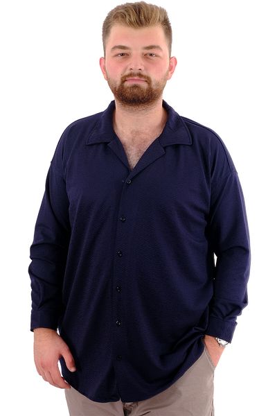 ModeXL Mode XL Plus Size Ανδρικό πουκάμισο με γιακά μακρυμάνικο JACQUARD U24381 Navy