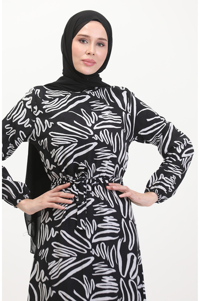 sefamerve Desenli Kuşaklı Viskon Elbise 0519-01 Siyah Beyaz