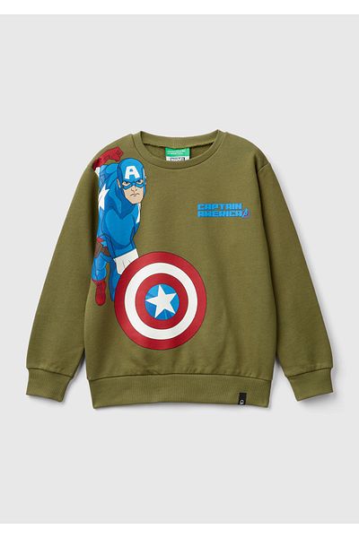 United Colors of Benetton Boys' Khaki Skirt Tip Logo Label Captain America Printed Sweatshirt