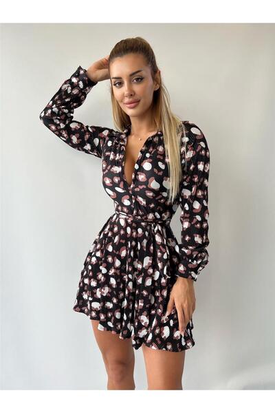 pink and pink Renkli Siyah Piliseli Elbise