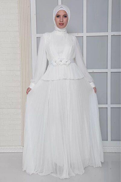 lodmela Βραδινό φόρεμα με πιέτες Hijab - Λεπτομέρεια από τον ώμο και τη ζώνη, Λευκό 816