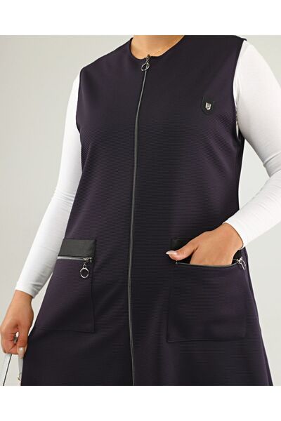 Ferace Women's Large Size Long Vest with Leather Pockets Ottoman Navy Blue